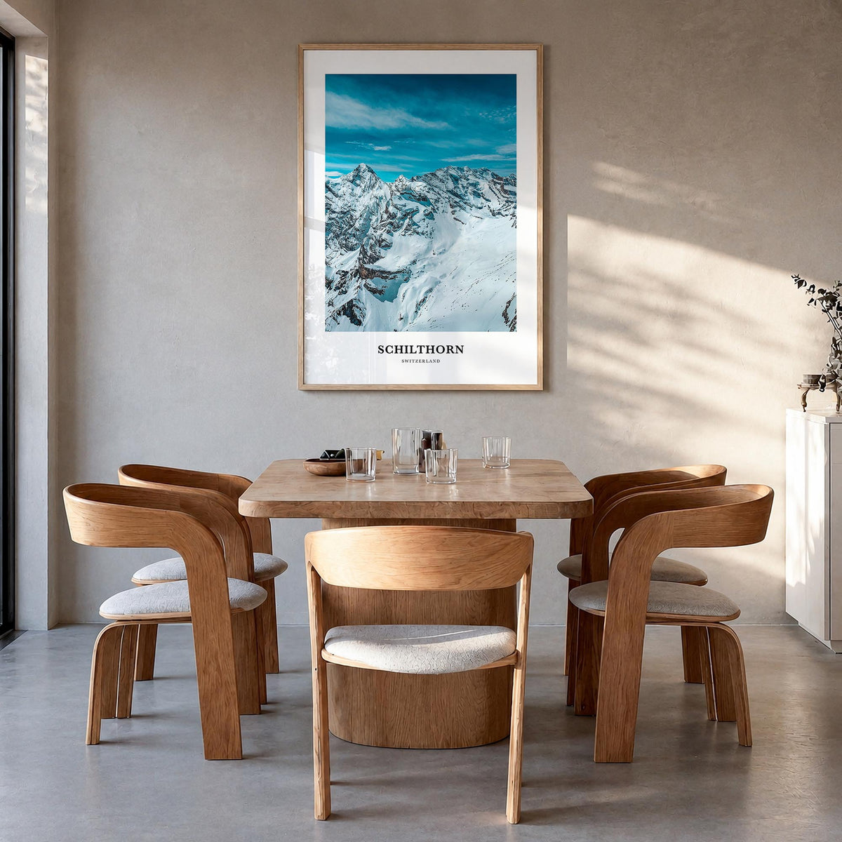 Schilthorn colorful classic poster of Switzerland – vertical wall art in natural wood frame, hanging on wall