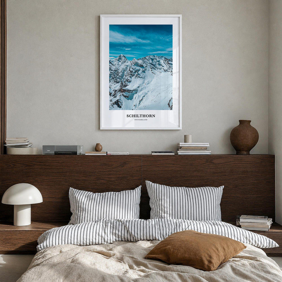 Schilthorn colorful classic poster of Switzerland – vertical wall art in white wood frame, hanging on wall