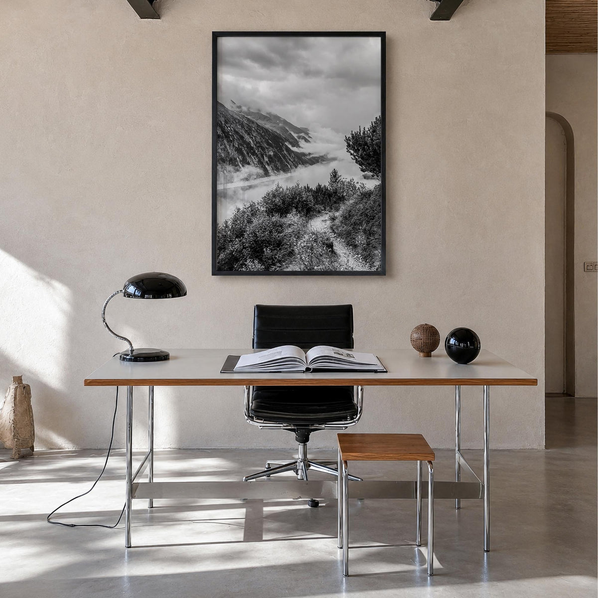 Schlegeis Lake black & white photo poster of Austria – vertical wall art in black wood frame, hanging on wall