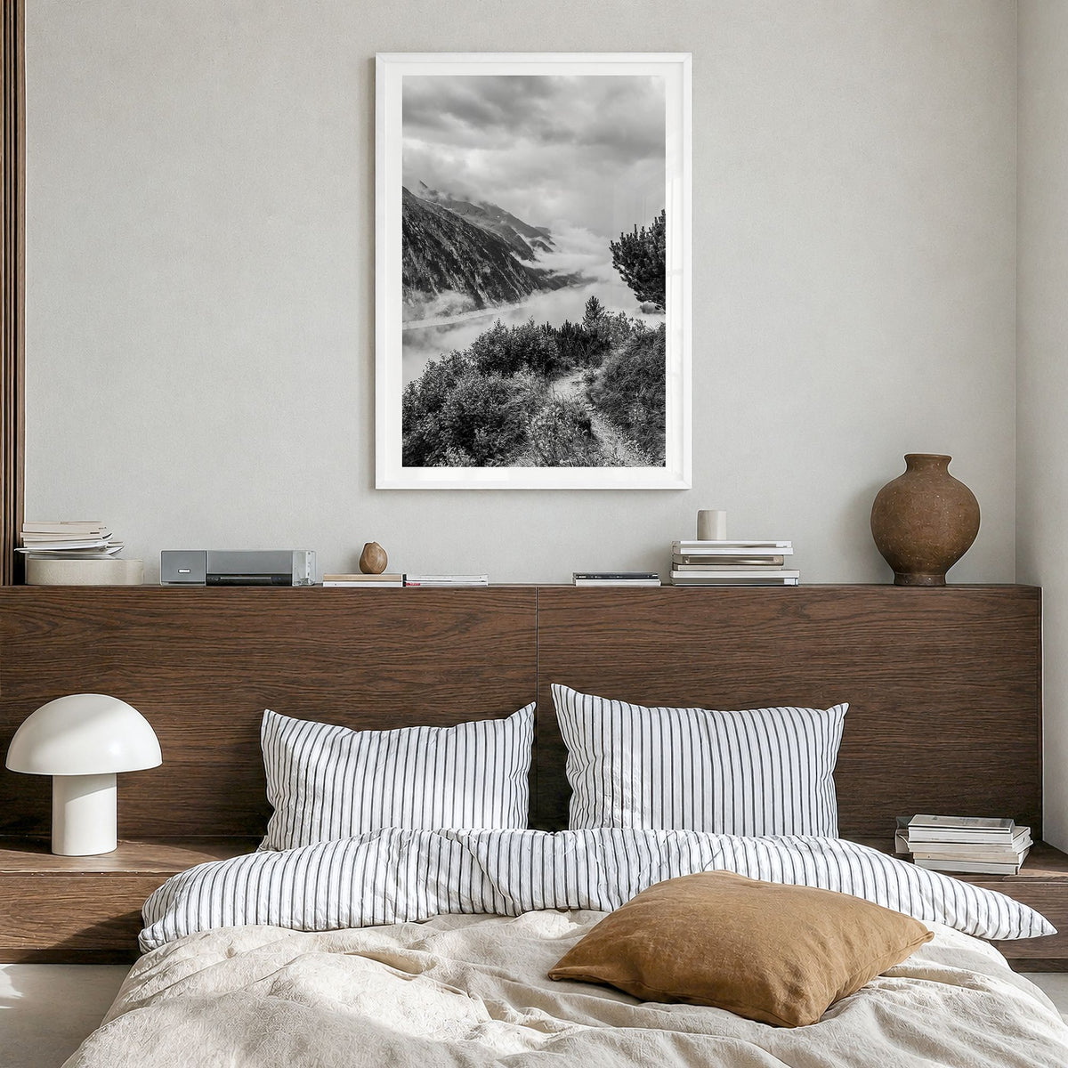 Schlegeis Lake Photo Poster in a white wood frame, hanging in a bedroom, white border