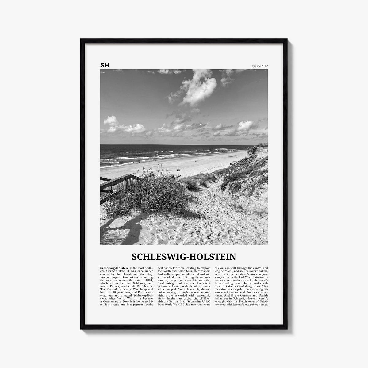 Schleswig-Holstein black & white newspaper poster of Germany – vertical wall art, unframed print shown in interior mockup