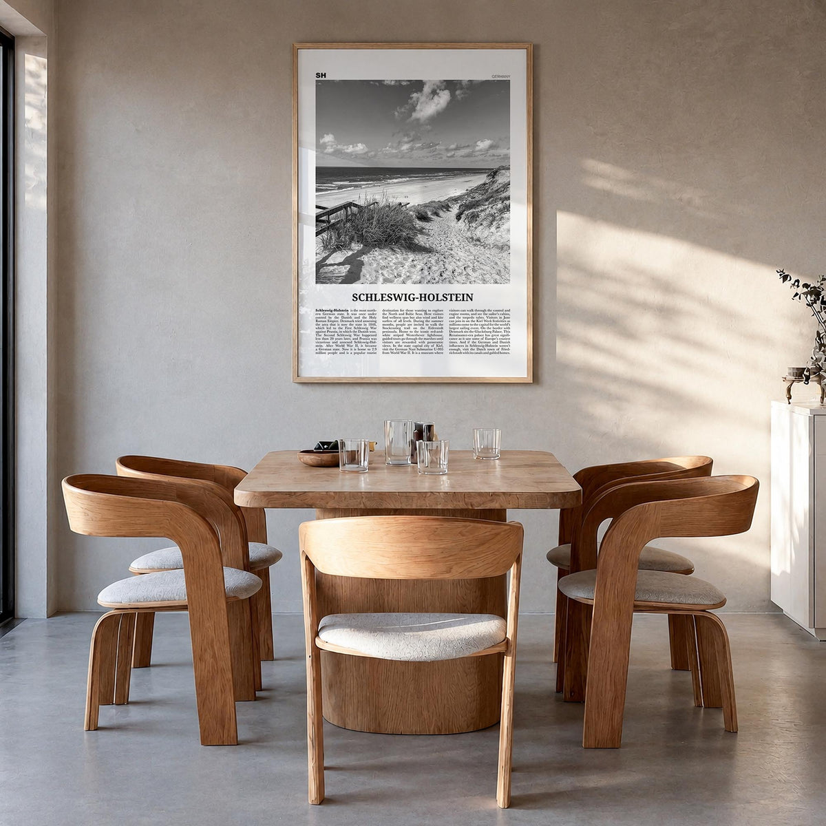 Schleswig-Holstein black & white newspaper poster of Germany – vertical wall art in natural wood frame, hanging on wall