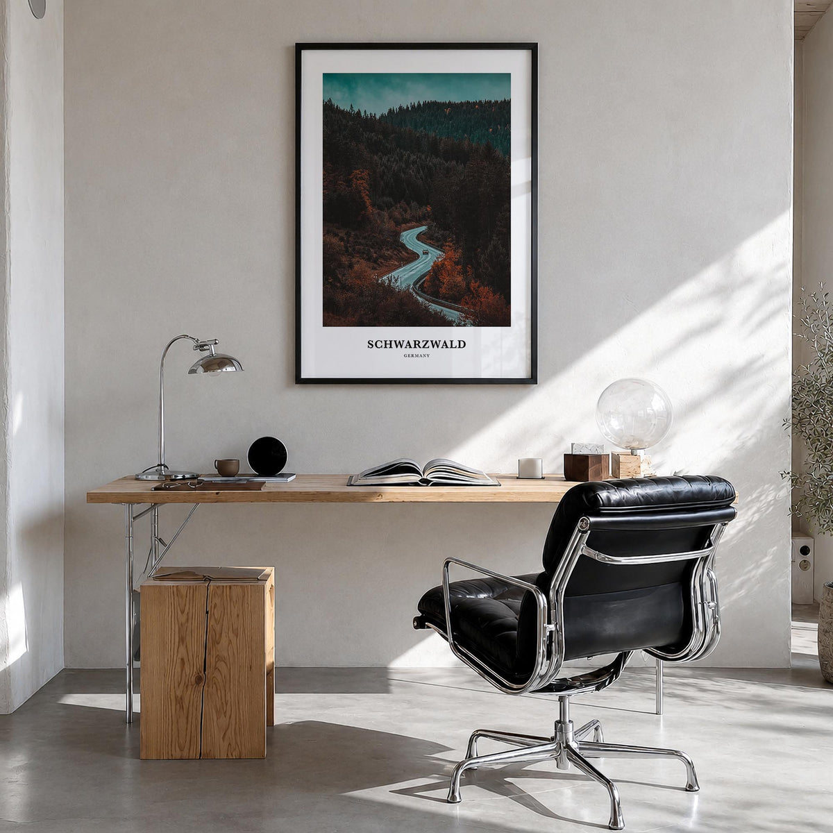 Schwarzwald colorful classic poster of Germany – vertical wall art in black wood frame, hanging on wall