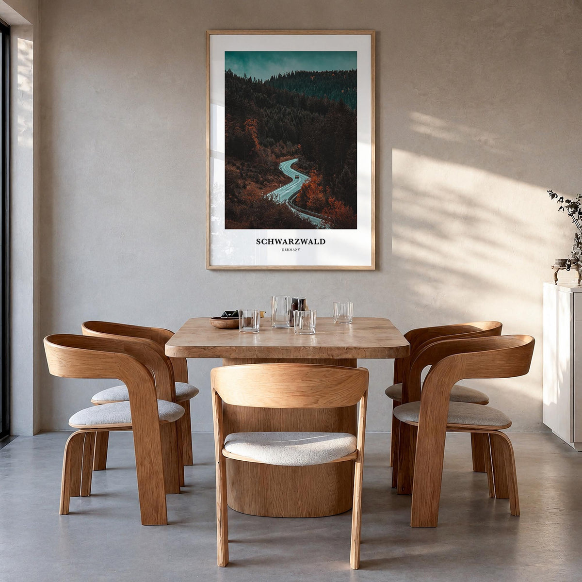 Schwarzwald colorful classic poster of Germany – vertical wall art in natural wood frame, hanging on wall