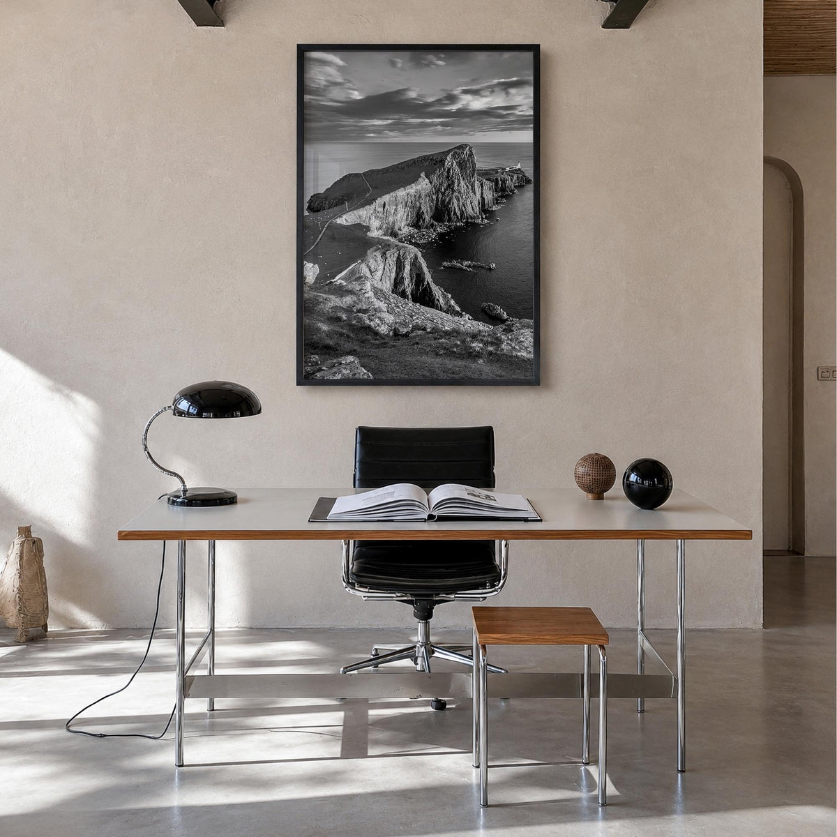 Scotland black & white photo poster of United Kingdom – vertical wall art in black wood frame, hanging on wall