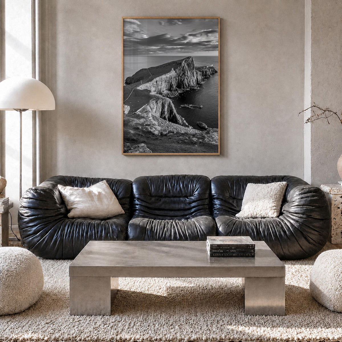 Scotland black & white photo poster of United Kingdom – vertical wall art in natural wood frame, hanging on wall