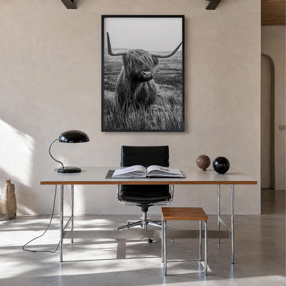 Scottish Highlander no. 1 black & white photo poster – vertical wall art in black wood frame, hanging on wall