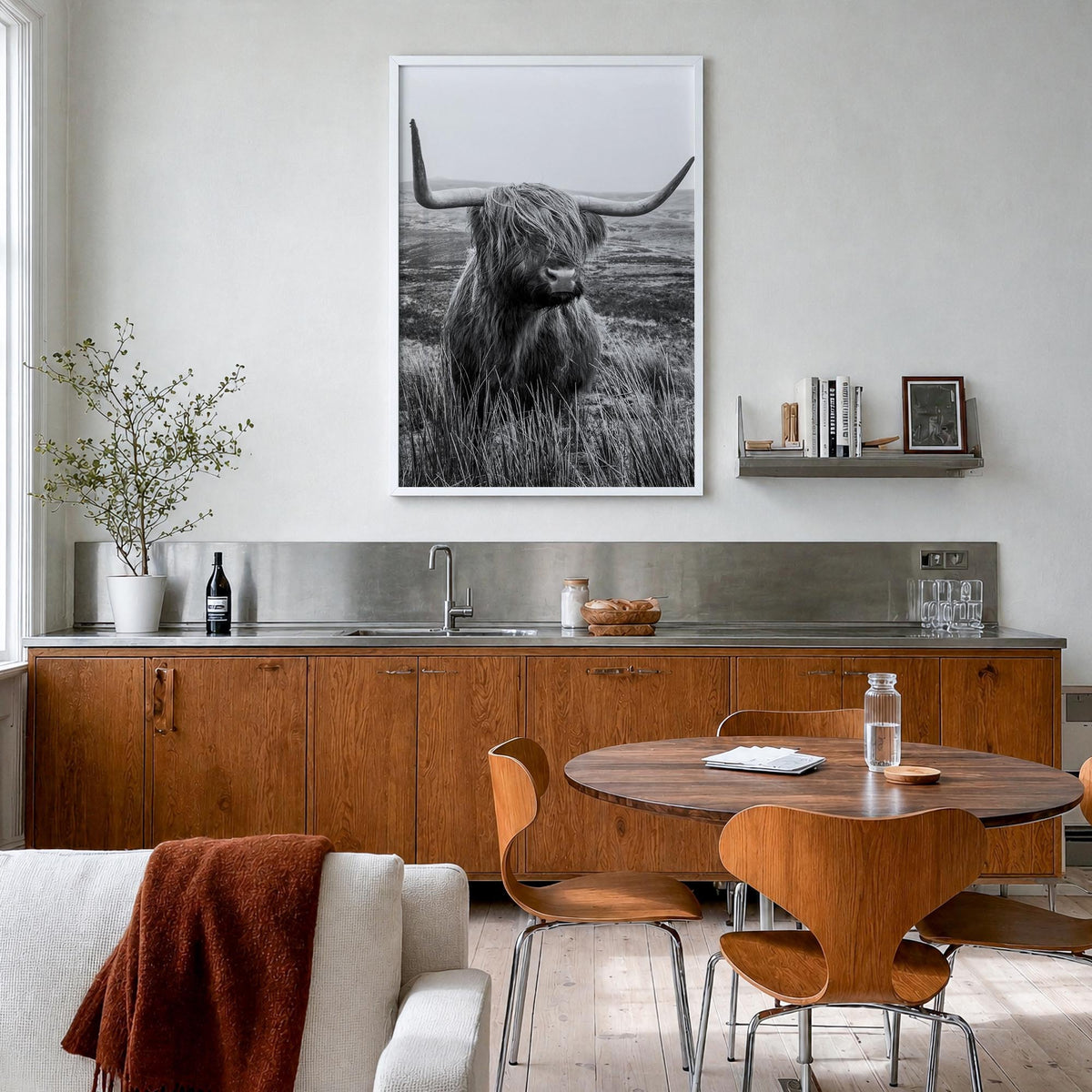 Scottish Highlander no. 1 black & white photo poster – vertical wall art in white wood frame, hanging on wall