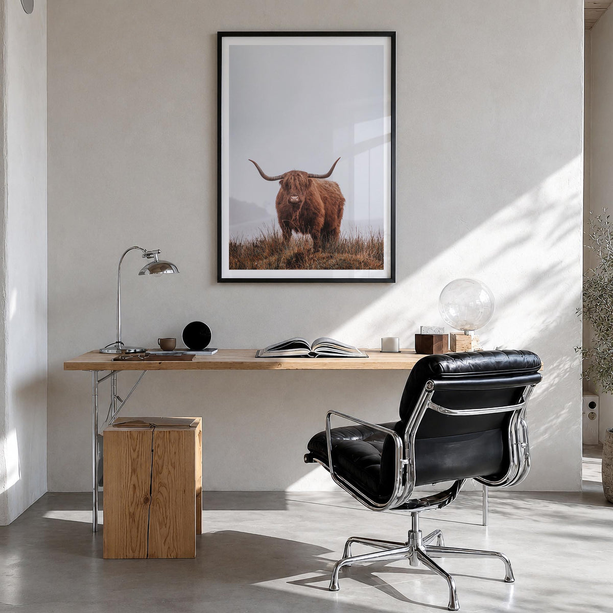 Scottish Highlander no. 1 colorful photo poster – vertical wall art in black wood frame with white border, hanging on wall