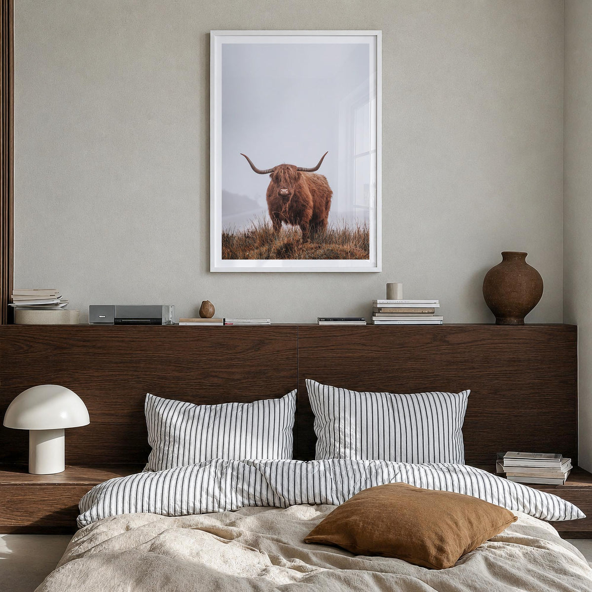 Scottish Highlander no. 1 colorful photo poster – vertical wall art in white wood frame with white border, hanging on wall