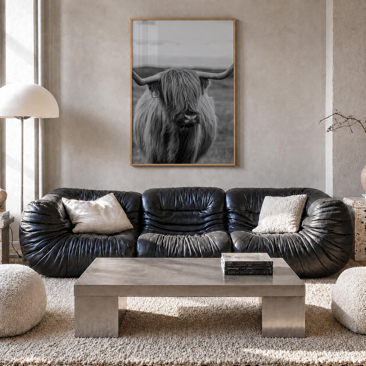 Scottish Highlander no. 2 black & white photo poster – vertical wall art in natural wood frame, hanging on wall