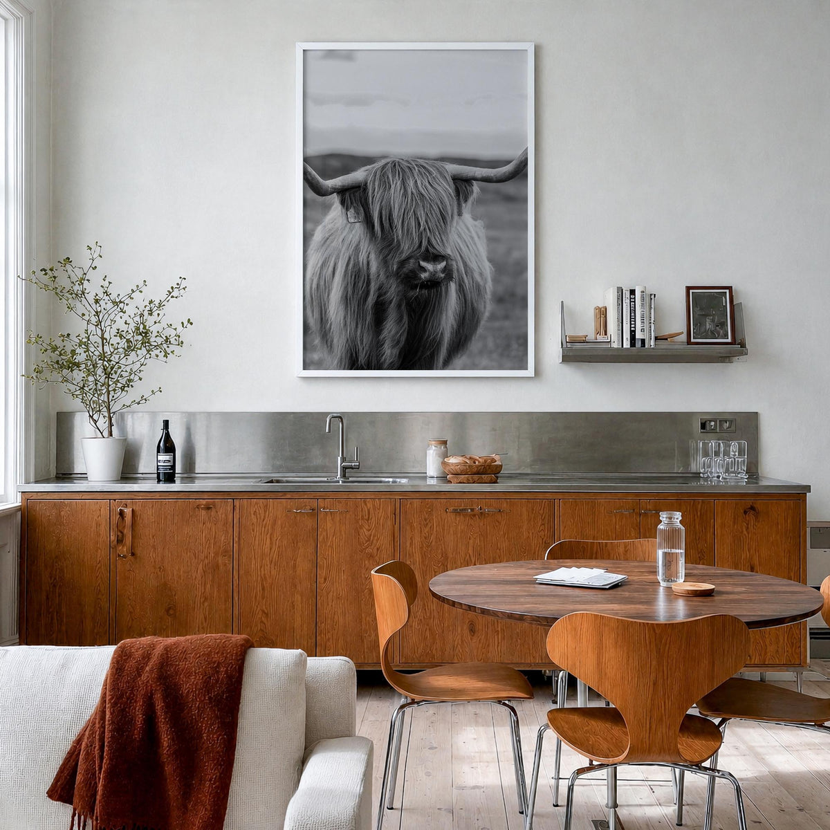 Scottish Highlander no. 2 black & white photo poster – vertical wall art in white wood frame, hanging on wall