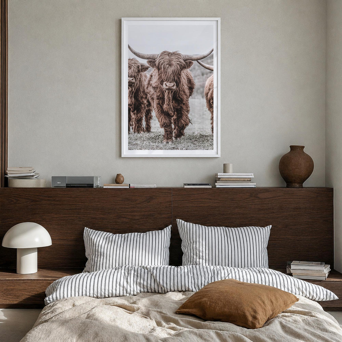 Scottish Highlander no. 2 colorful photo poster – vertical wall art in white wood frame with white border, hanging on wall