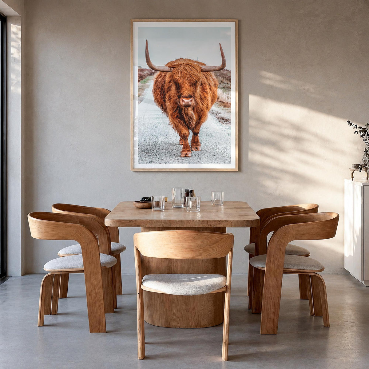 Scottish Highlander no. 3 colorful photo poster – vertical wall art in natural wood frame with white border, hanging on wall