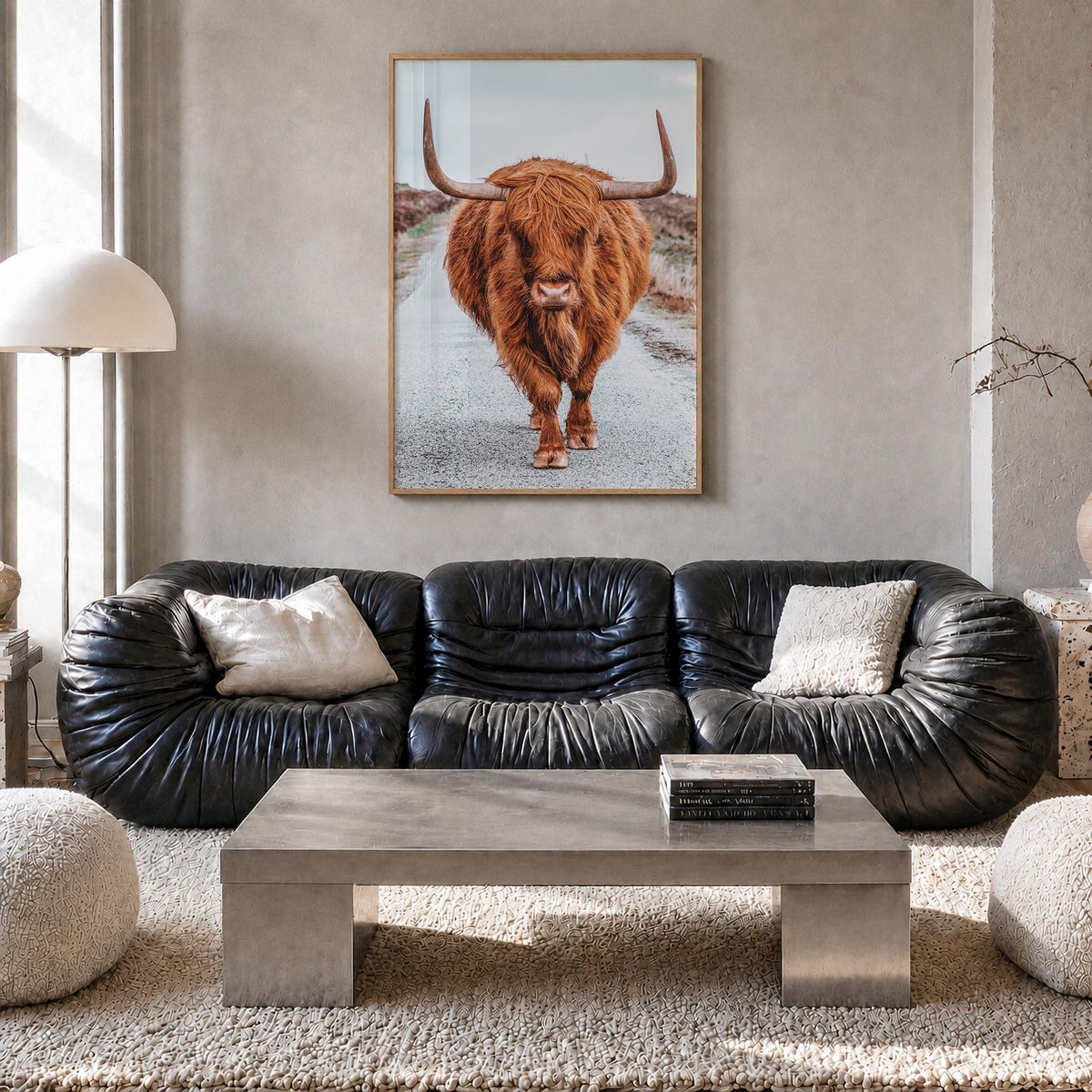 Scottish Highlander no. 3 colorful photo poster – vertical wall art in natural wood frame, hanging on wall