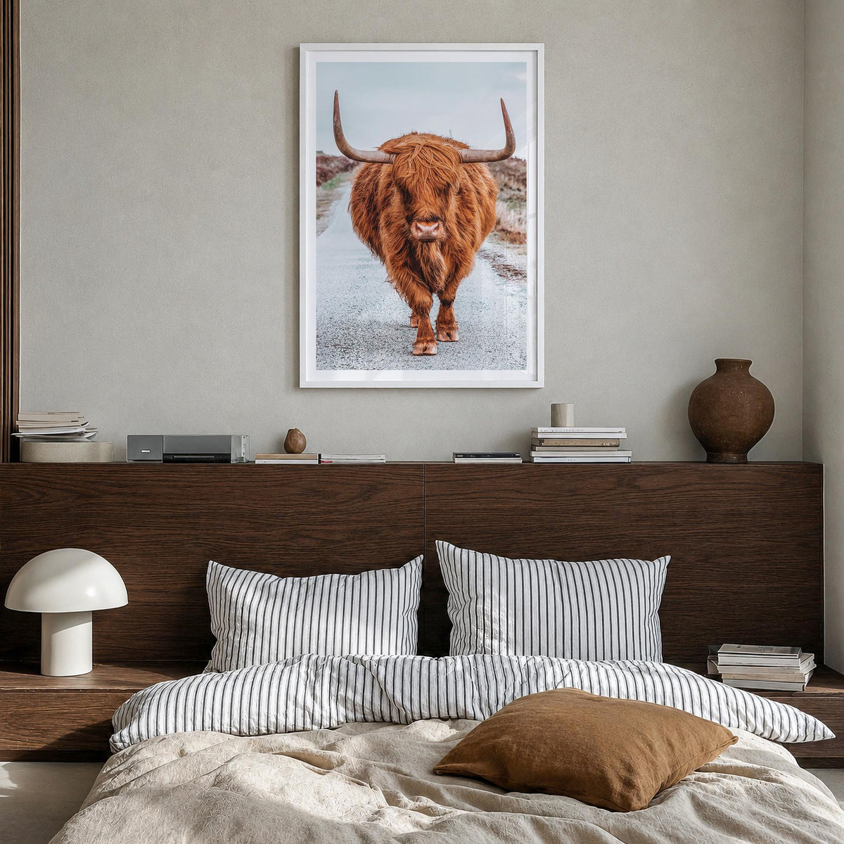 Scottish Highlander no. 3 colorful photo poster – vertical wall art in white wood frame with white border, hanging on wall