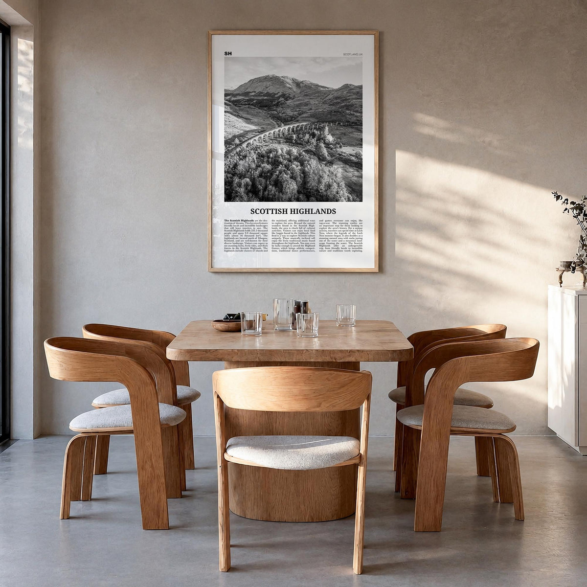 Scottish Highlands black & white newspaper poster of United Kingdom – vertical wall art in natural wood frame, hanging on wal