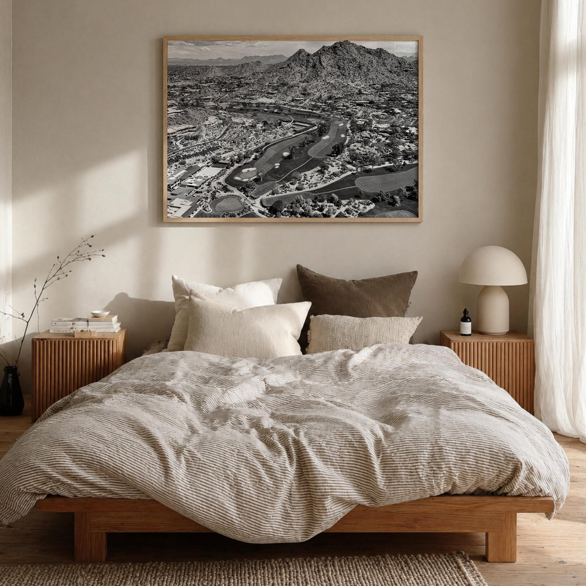 Scottsdale black & white photo poster of Arizona, USA – horizontal wall art in natural wood frame, hanging on wall