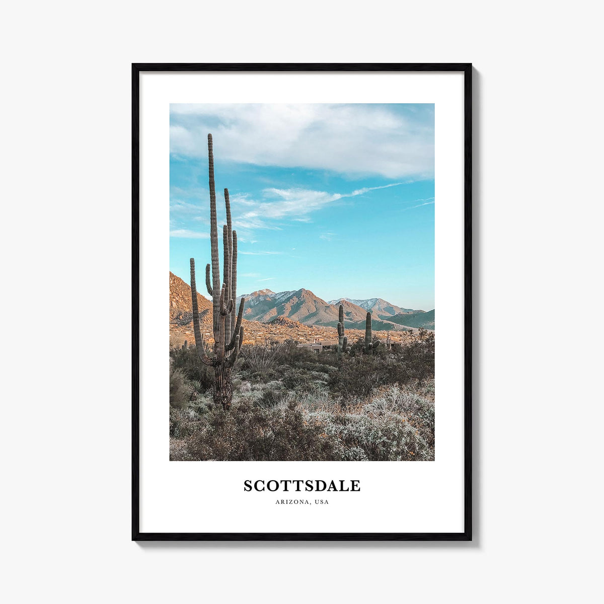 Scottsdale colorful classic poster of Arizona, USA – vertical wall art, unframed print shown in interior mockup