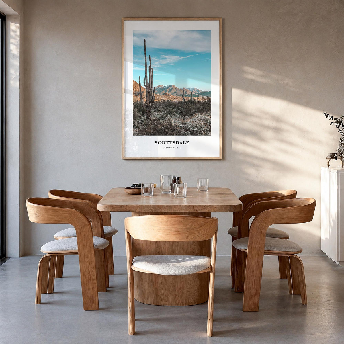 Scottsdale colorful classic poster of Arizona, USA – vertical wall art in natural wood frame, hanging on wall