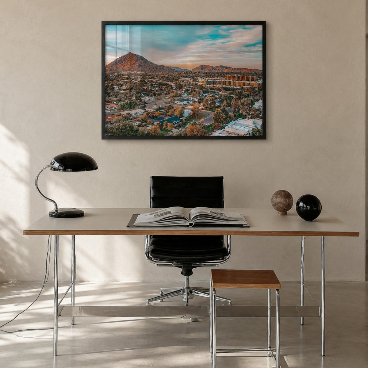 Scottsdale colorful photo poster of Arizona, USA – horizontal wall art in black wood frame, hanging on wall