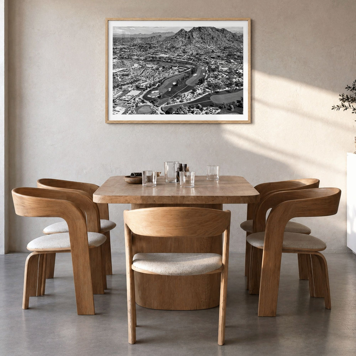 Scottsdale Photo Poster in a natural wood frame, hanging in a dining room, white border
