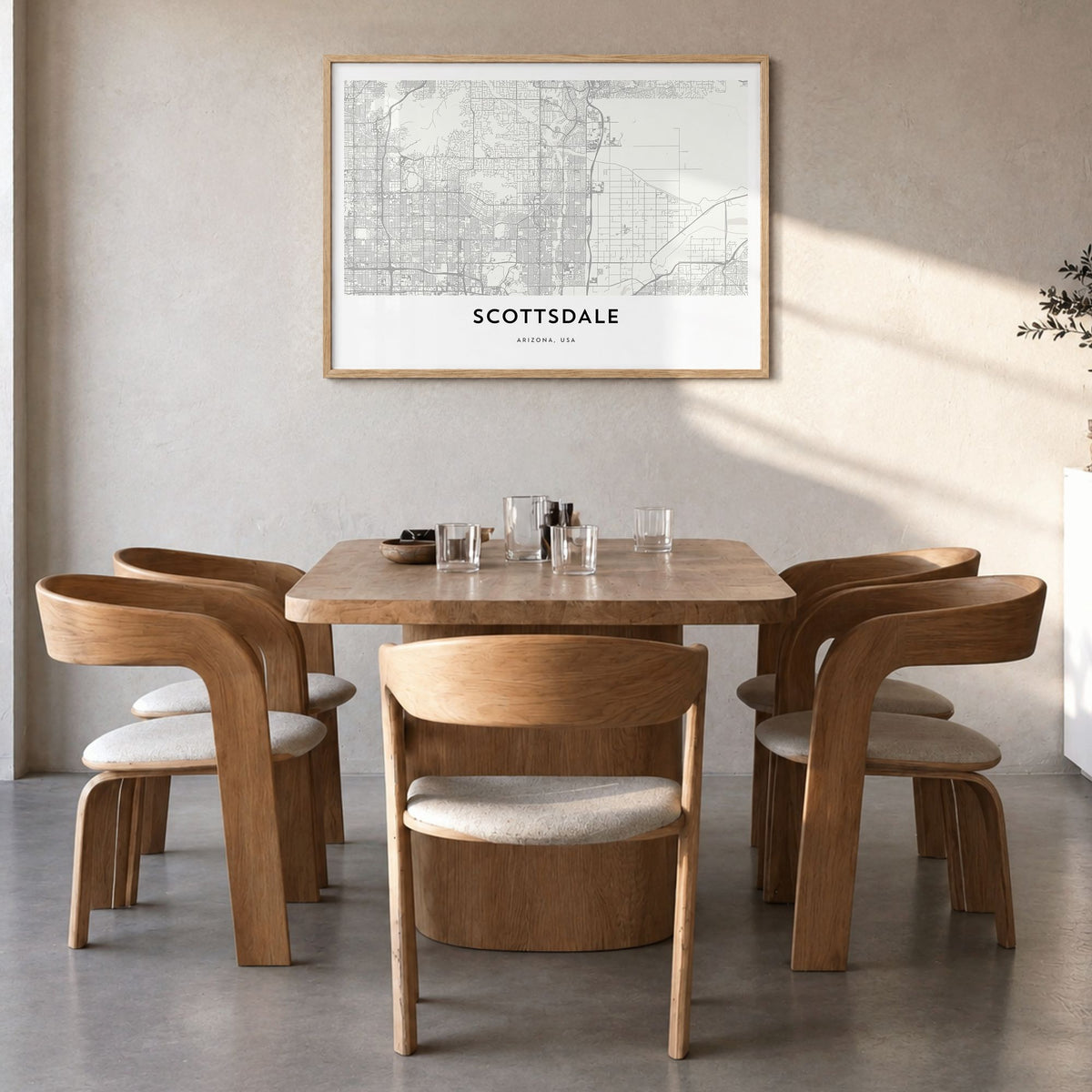 Scottsdale Map Poster in a natural wood frame, hanging in a dining room
