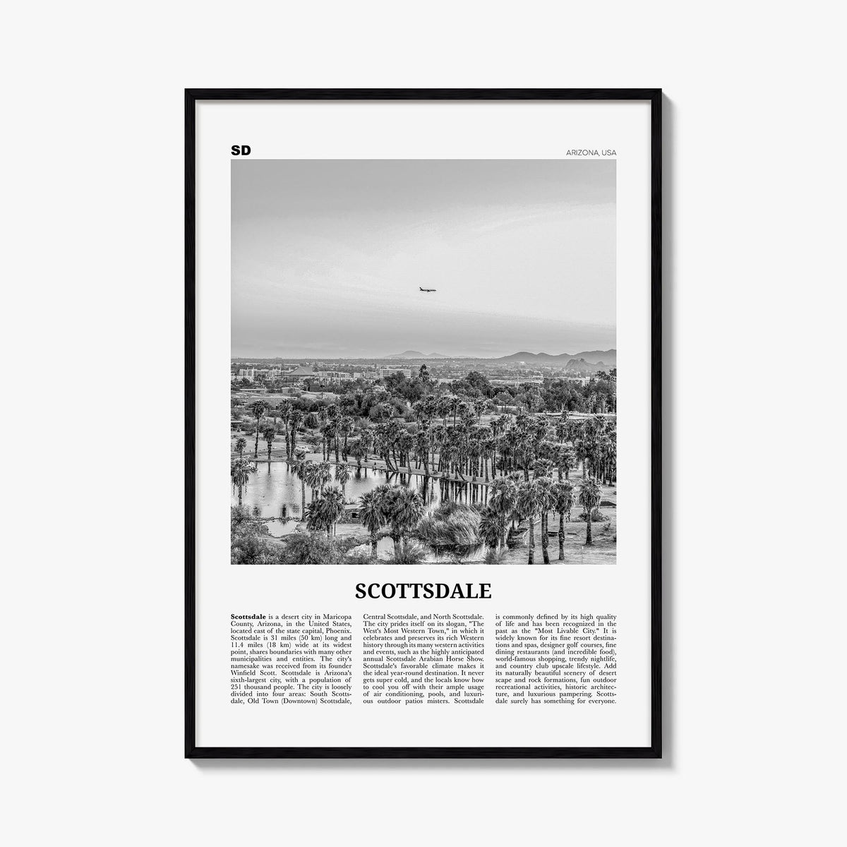 Scottsdale no. 1 black & white newspaper poster of Arizona, USA – vertical wall art, unframed print shown in interior mockup