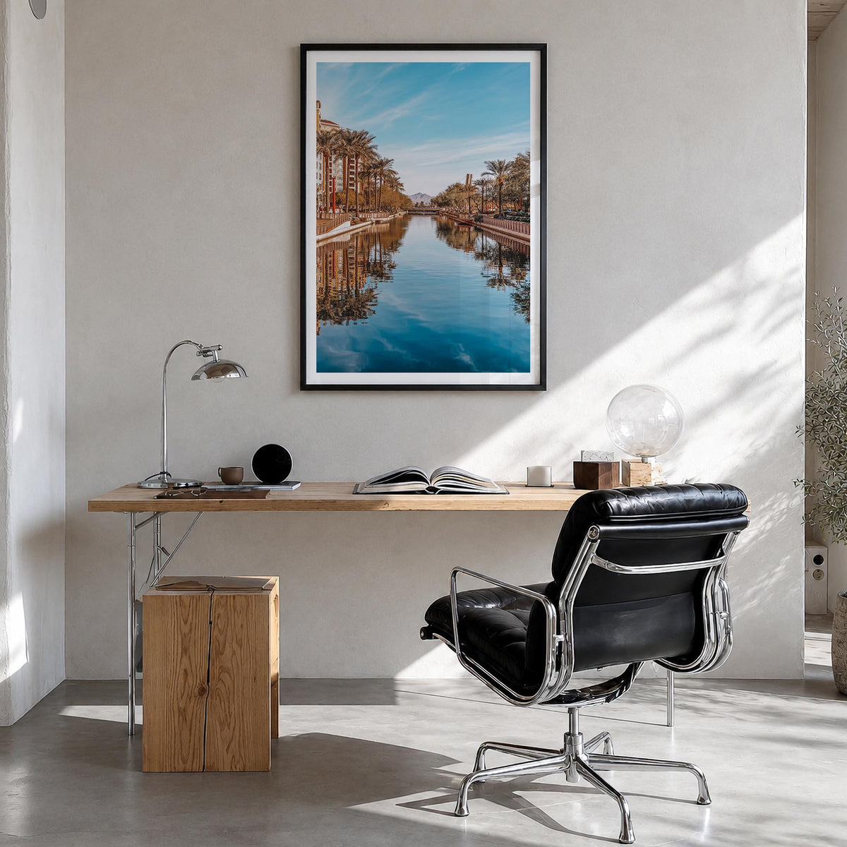 Scottsdale no. 1 colorful photo poster of Arizona, USA – vertical wall art in black wood frame with white border, hanging on