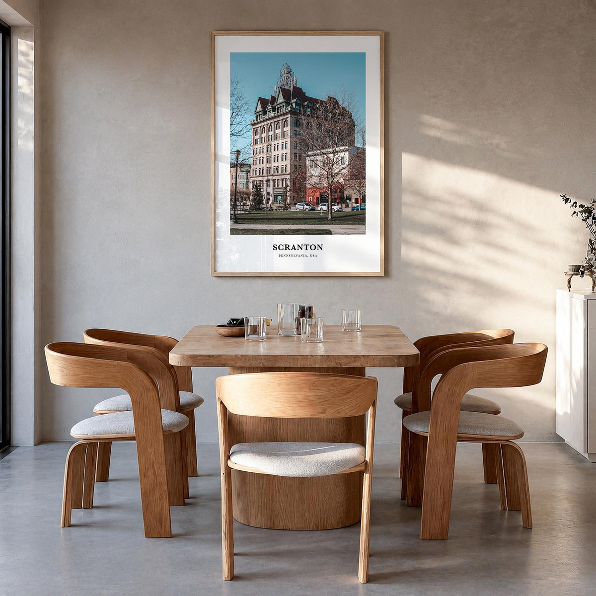 Scranton colorful classic poster of Pennsylvania, USA – vertical wall art in natural wood frame, hanging on wall