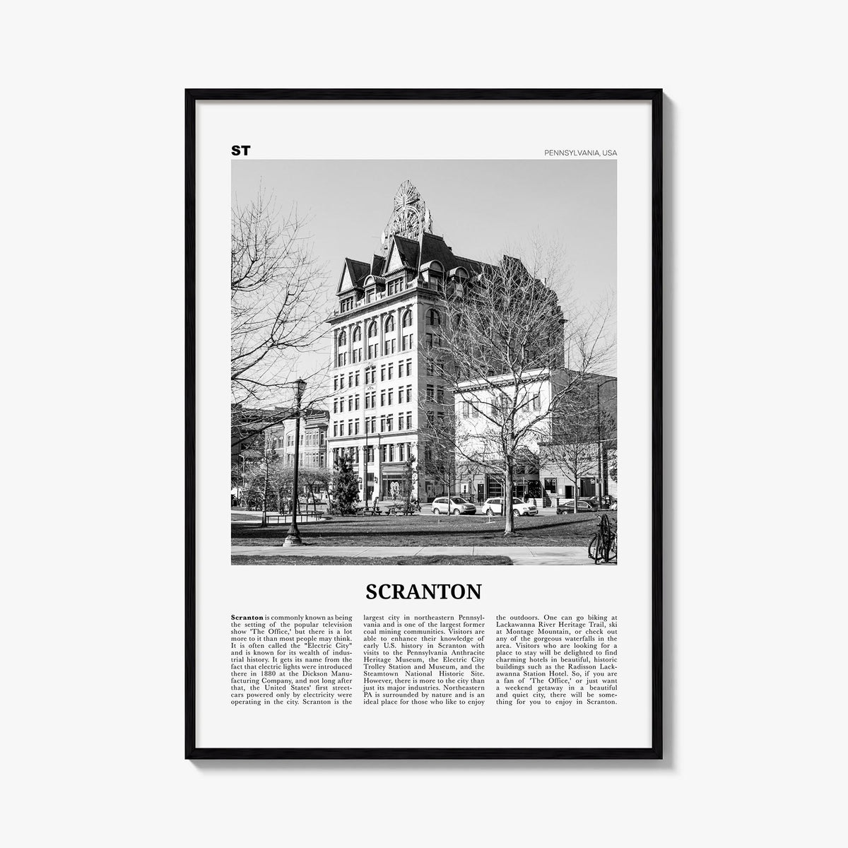 Scranton no. 1 black & white newspaper poster of Pennsylvania, USA – vertical wall art, unframed print shown in interior mock