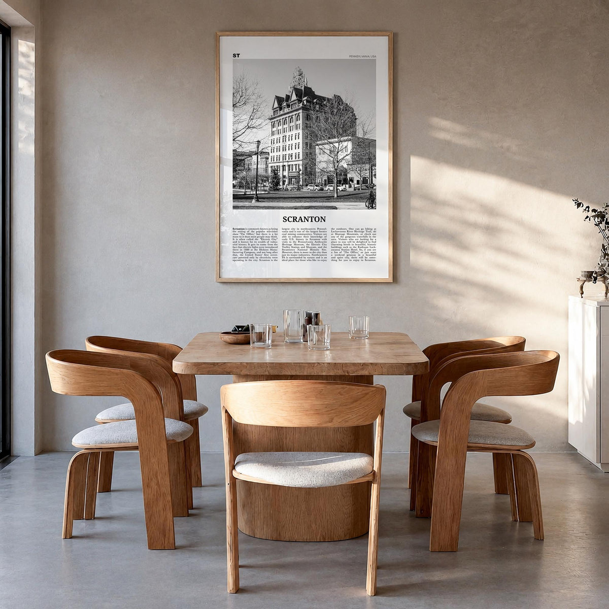 Scranton no. 1 black & white newspaper poster of Pennsylvania, USA – vertical wall art in natural wood frame, hanging on wall