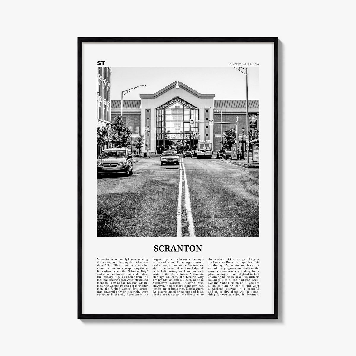 Scranton no. 2 black & white newspaper poster of Pennsylvania, USA – vertical wall art, unframed print shown in interior mock