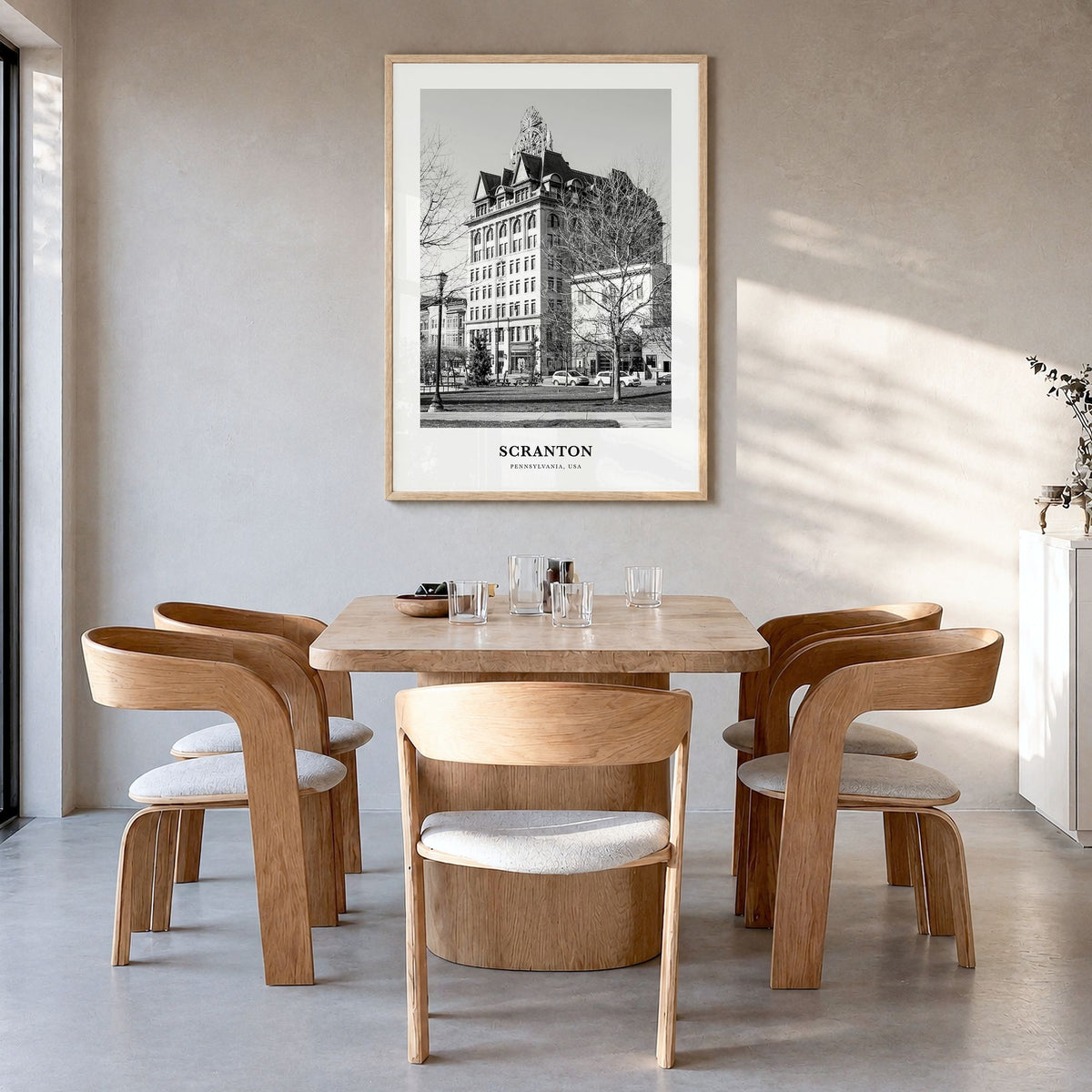 Scranton Classic No 1 Poster in a natural wood frame, hanging in a dining room