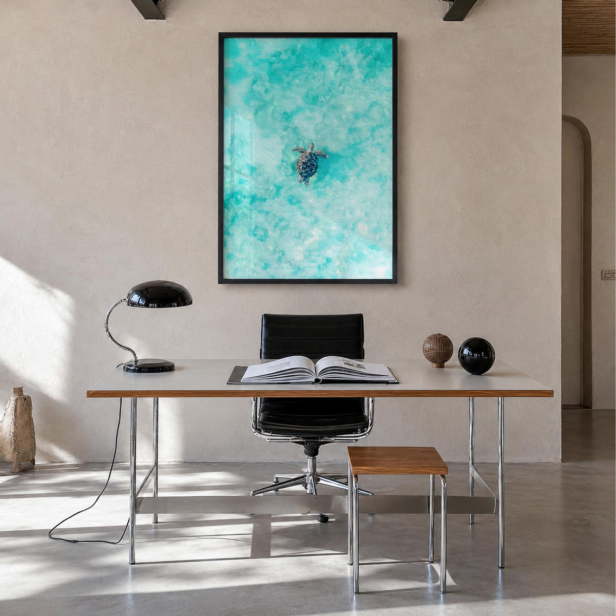 Sea Turtle no. 1 colorful photo poster – vertical wall art in black wood frame, hanging on wall
