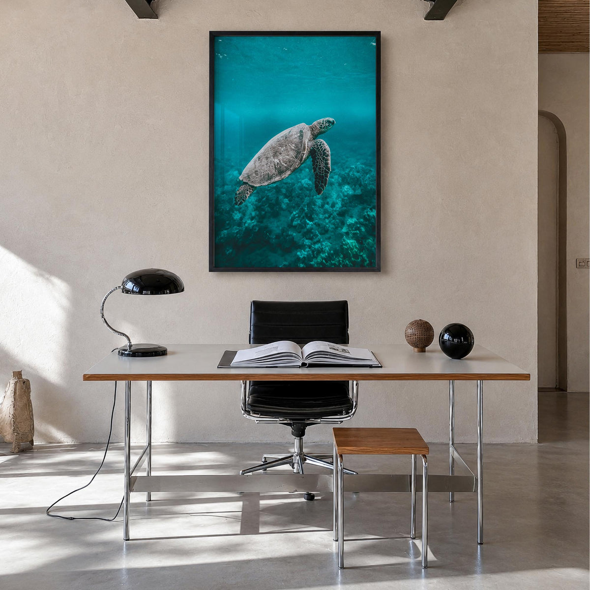 Sea Turtle no. 2 colorful photo poster – vertical wall art in black wood frame, hanging on wall