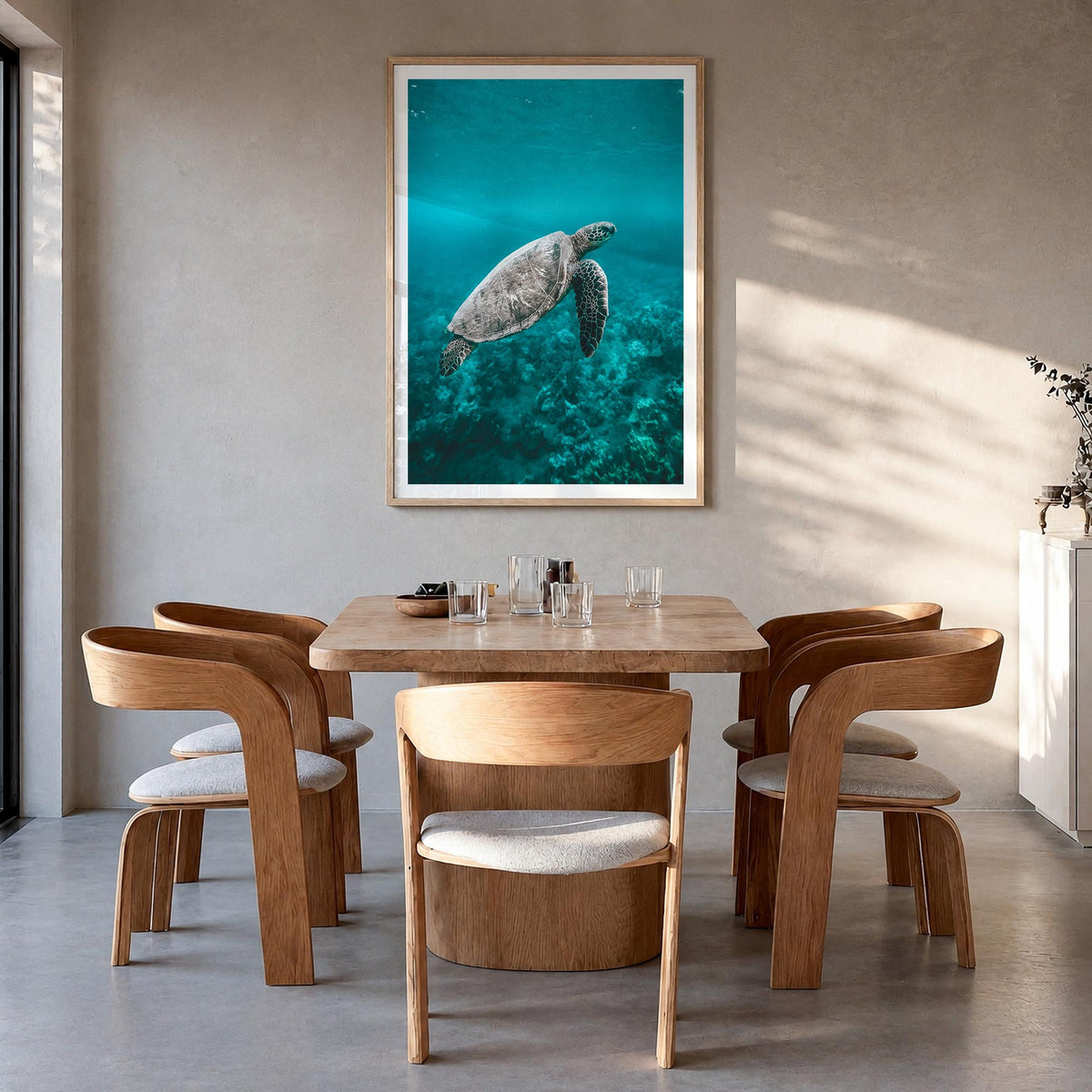 Sea Turtle no. 2 colorful photo poster – vertical wall art in natural wood frame with white border, hanging on wall