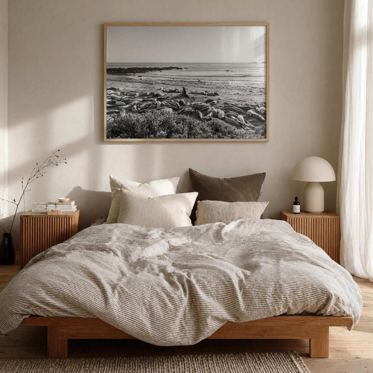 Seal Beach black & white photo poster of California, USA – horizontal wall art in natural wood frame, hanging on wall