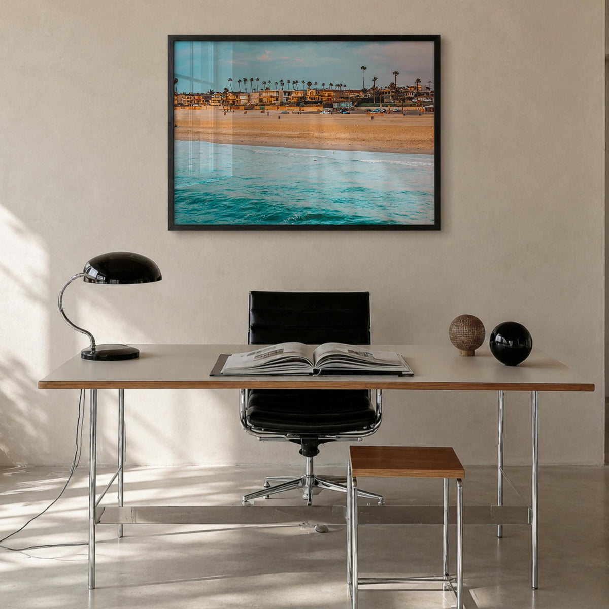 Seal Beach colorful photo poster of California, USA – horizontal wall art in black wood frame, hanging on wall