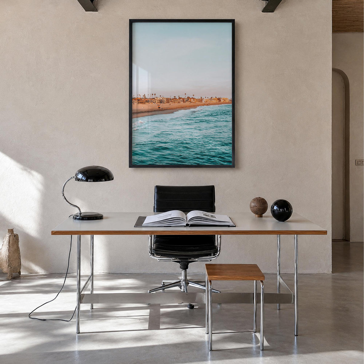 Seal Beach colorful photo poster of California, USA – vertical wall art in black wood frame, hanging on wall