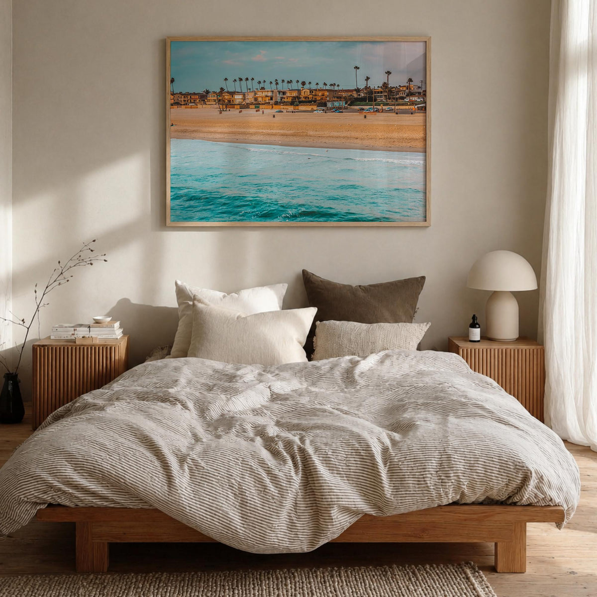 Seal Beach colorful photo poster of California, USA – horizontal wall art in natural wood frame, hanging on wall