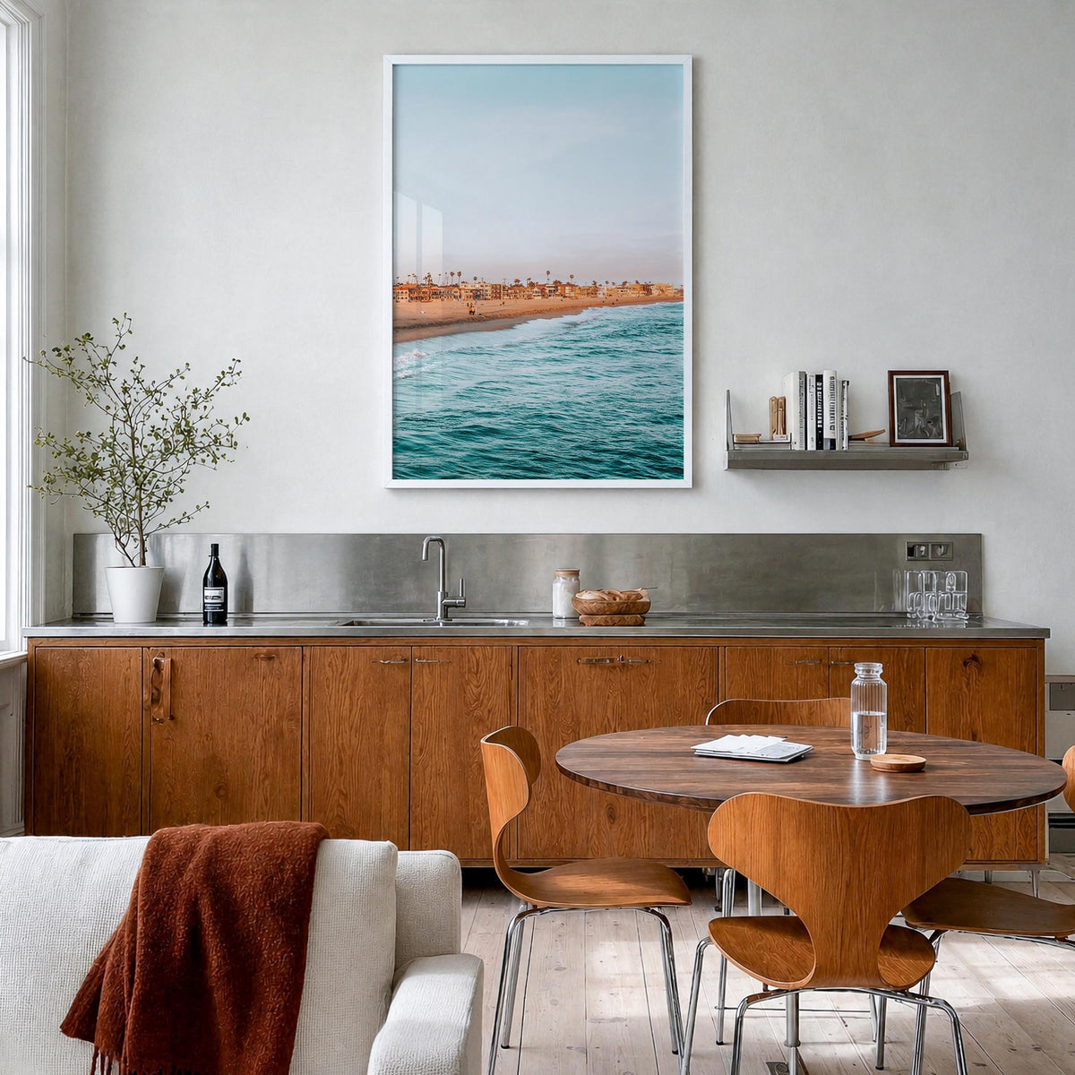 Seal Beach colorful photo poster of California, USA – vertical wall art in white wood frame, hanging on wall