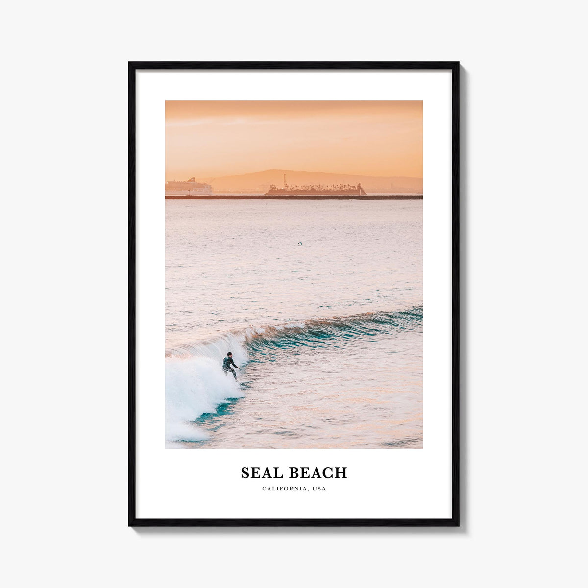 Seal Beach no. 1 colorful classic poster of California, USA – vertical wall art, unframed print shown in interior mockup