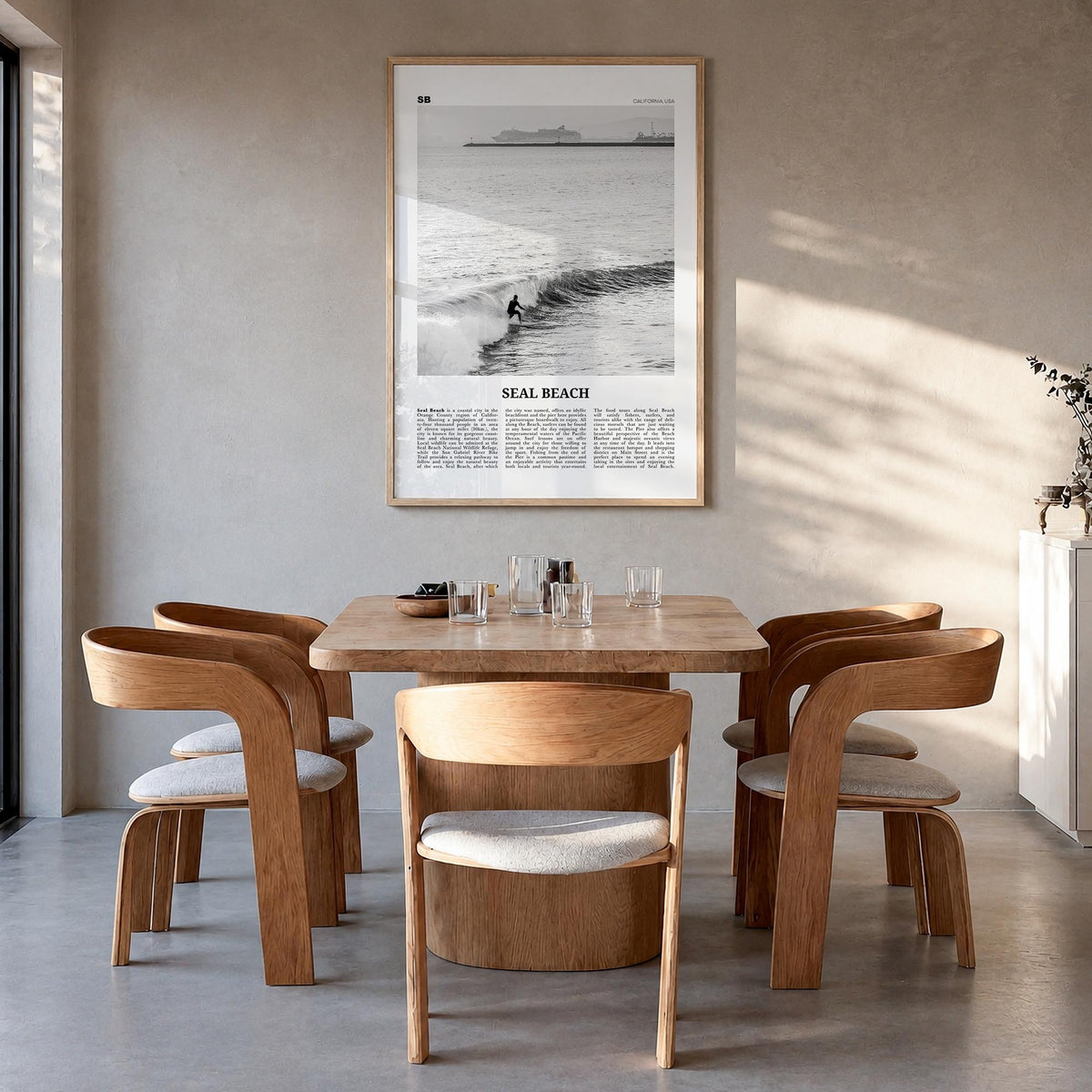 Seal Beach no. 2 black & white newspaper poster of California, USA – vertical wall art in natural wood frame, hanging on wall