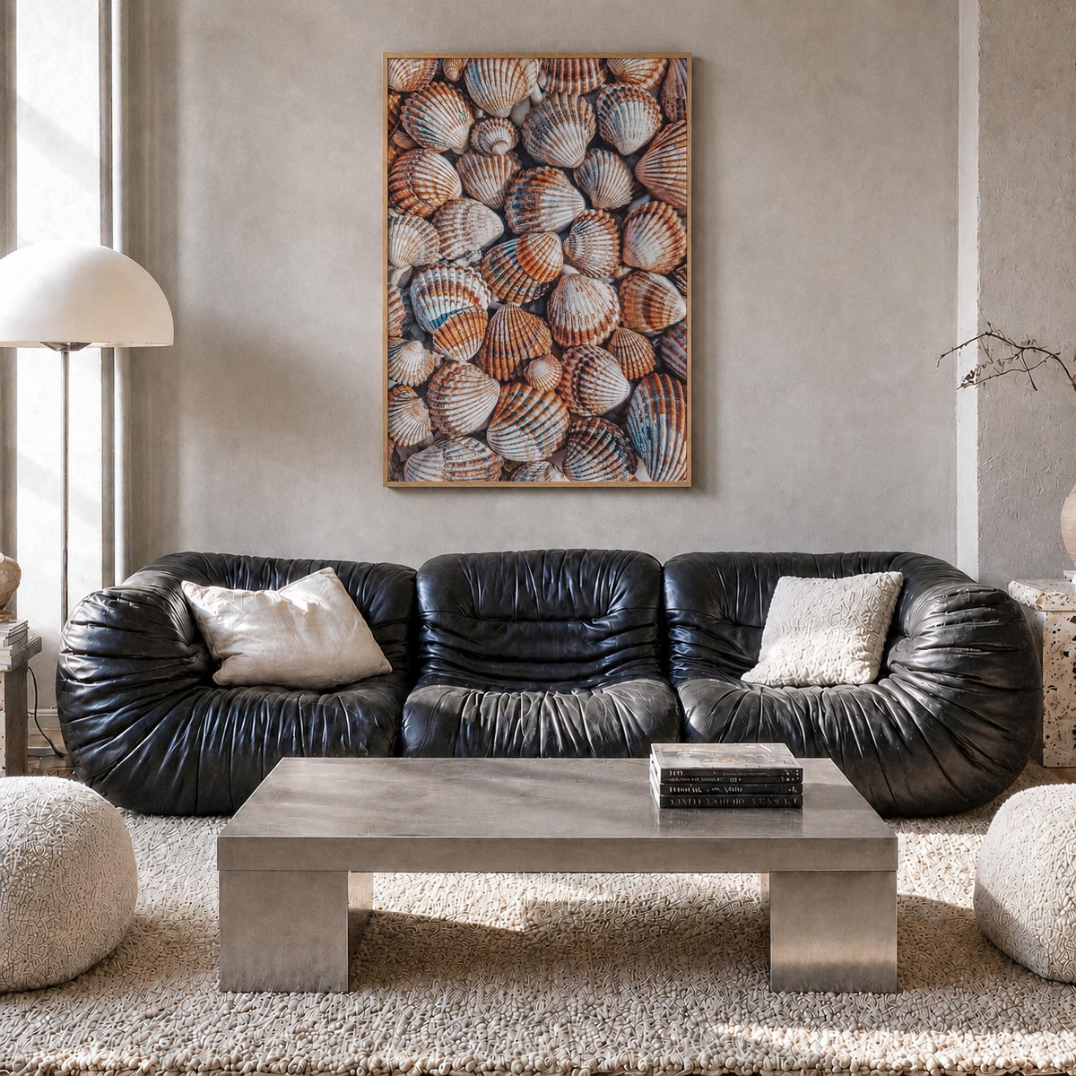 Seashells colorful photo poster – vertical wall art in natural wood frame, hanging on wall