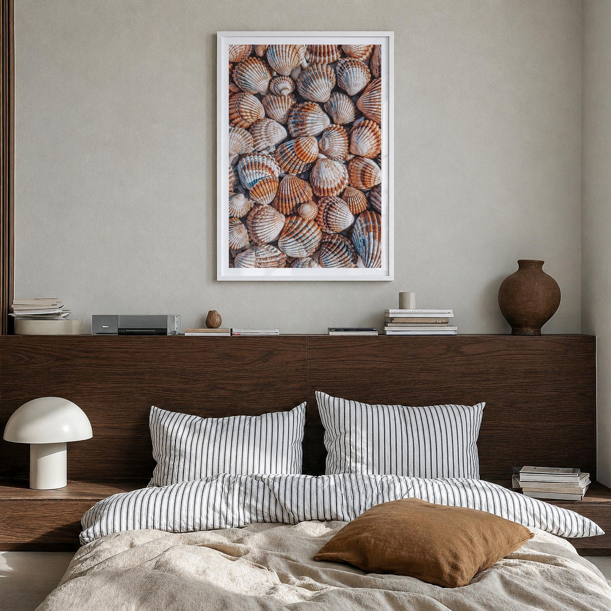 Seashells colorful photo poster – vertical wall art in white wood frame with white border, hanging on wall