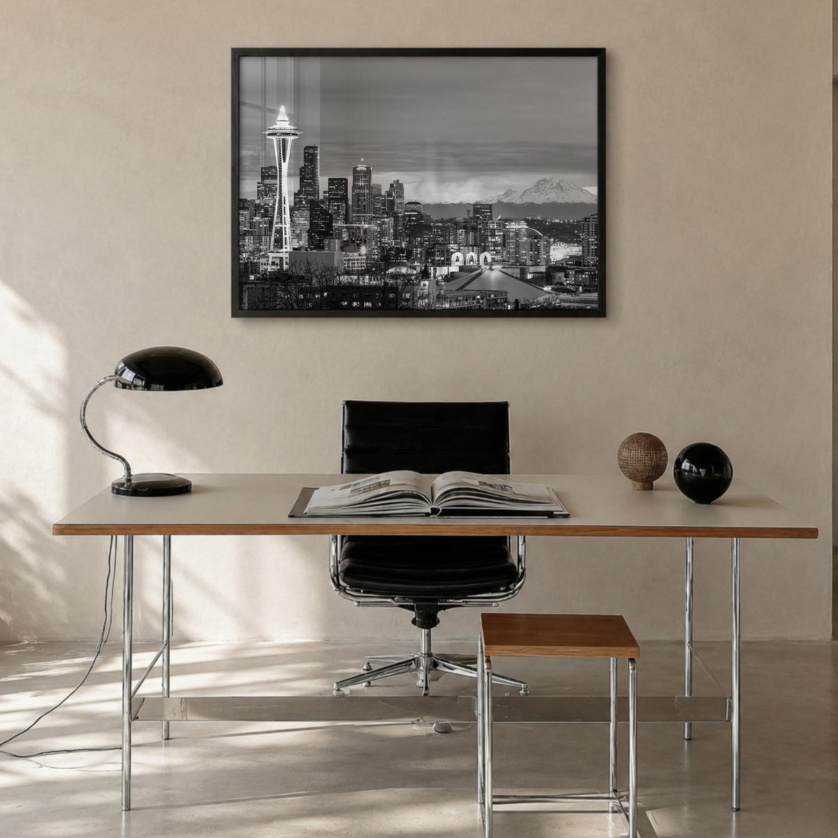 Seattle black & white photo poster of Washington, USA – horizontal wall art in black wood frame, hanging on wall