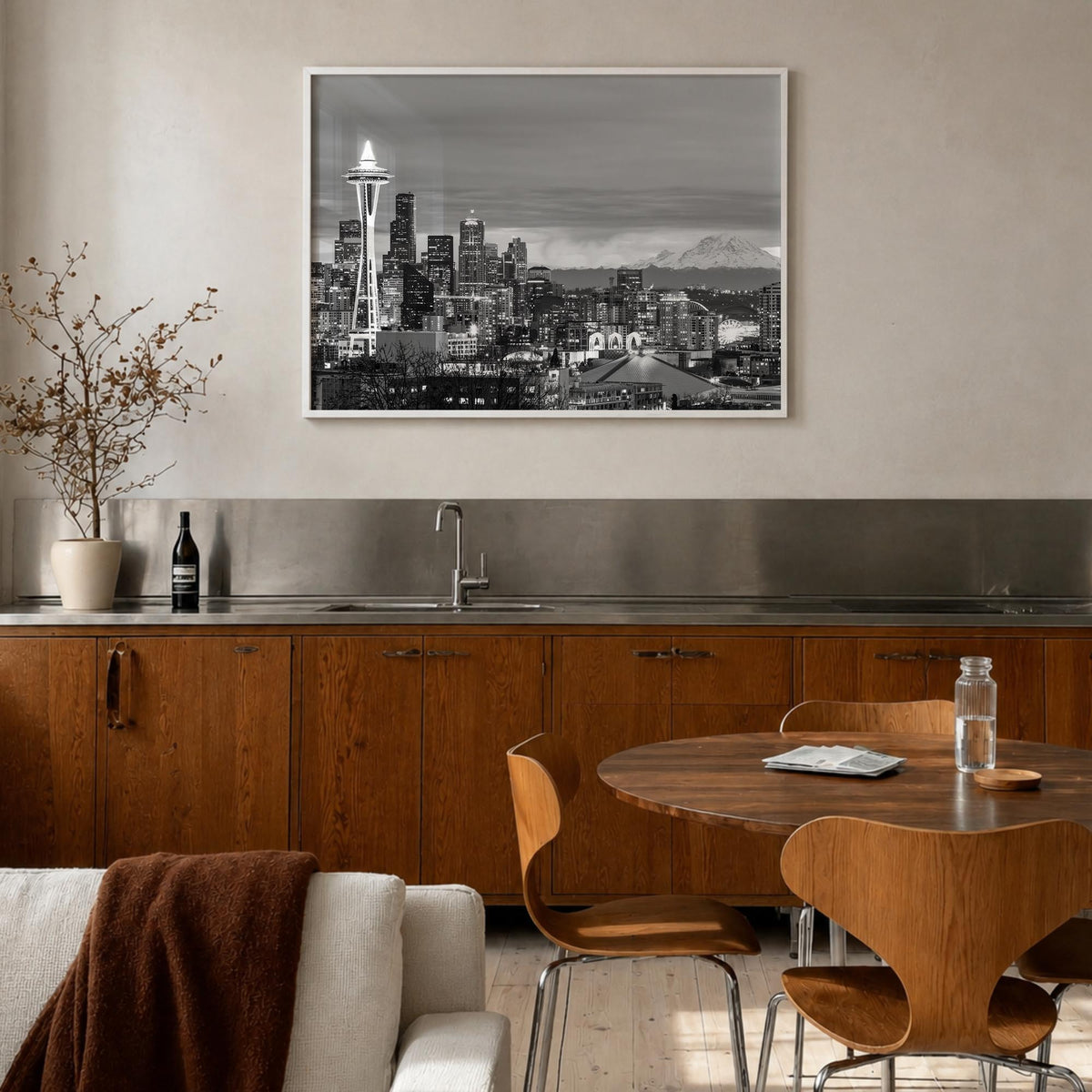 Seattle black & white photo poster of Washington, USA – horizontal wall art in white wood frame, hanging on wall