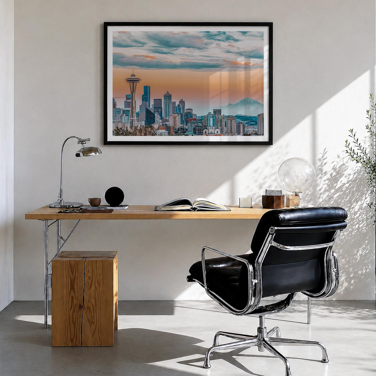 Seattle colorful photo poster of Washington, USA – horizontal wall art in black wood frame with white border, hanging on wall