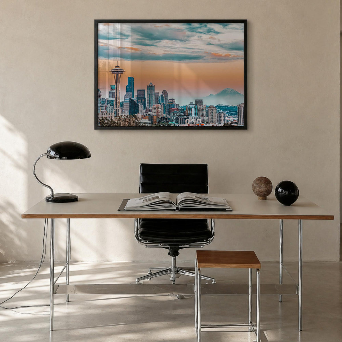 Seattle colorful photo poster of Washington, USA – horizontal wall art in black wood frame, hanging on wall
